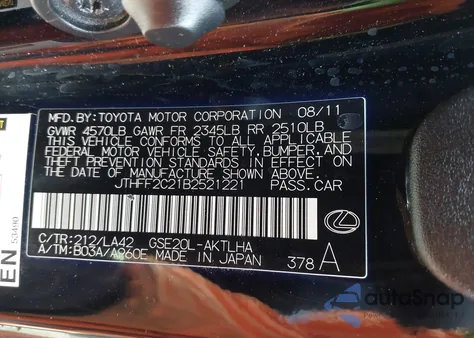 2011 Lexus Is 250C from USA, damaged, VIN JTHFF2C21B2521221
